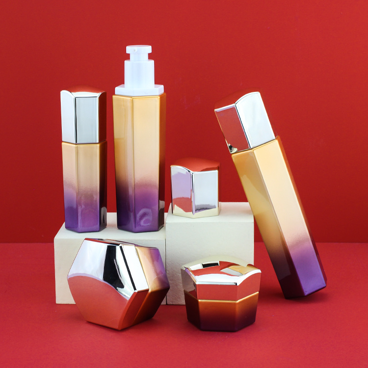 Cosmetic packaging — Luxury  Hexagon Cosmetic Glass Pump Bottle Set Skin Care Series Face Cream Jar Cosmetic Packaging Toning Glass Lotion Bottle (2)