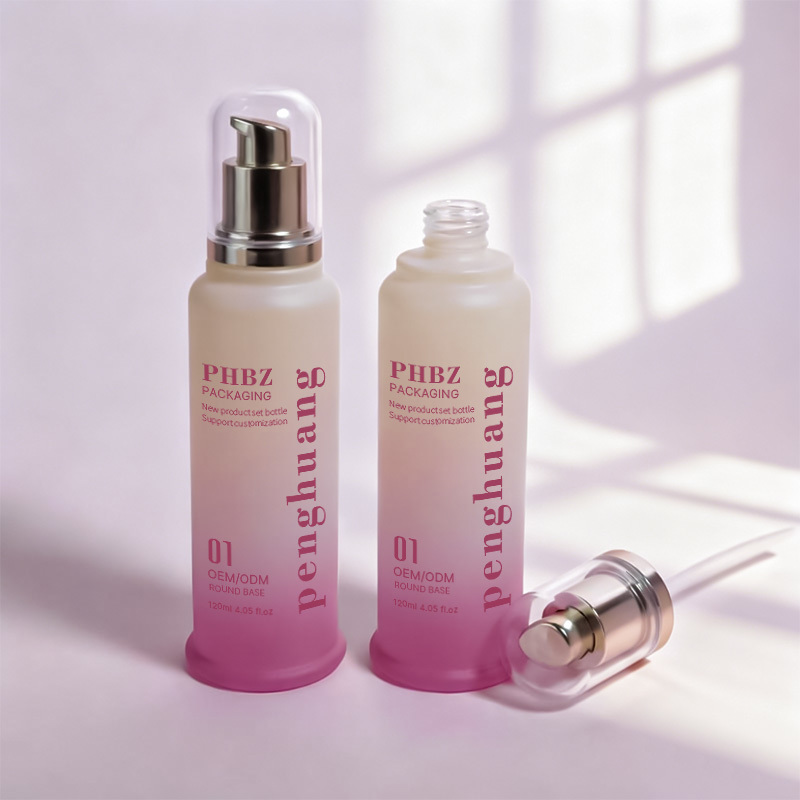 Cosmetic packaging — Custom Printed Gradient Glass Skincare Bottle Set with Gold Press Pump Cap Empty Container for Serum Cream Lotion Essence (4)